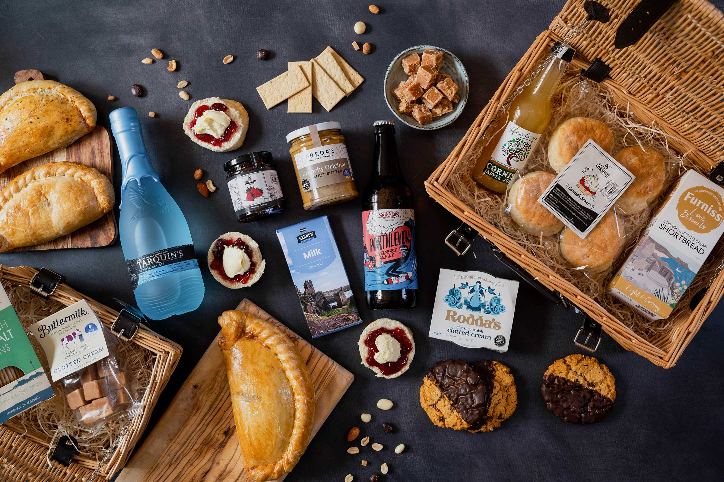 Cornish produce displayed on a black background